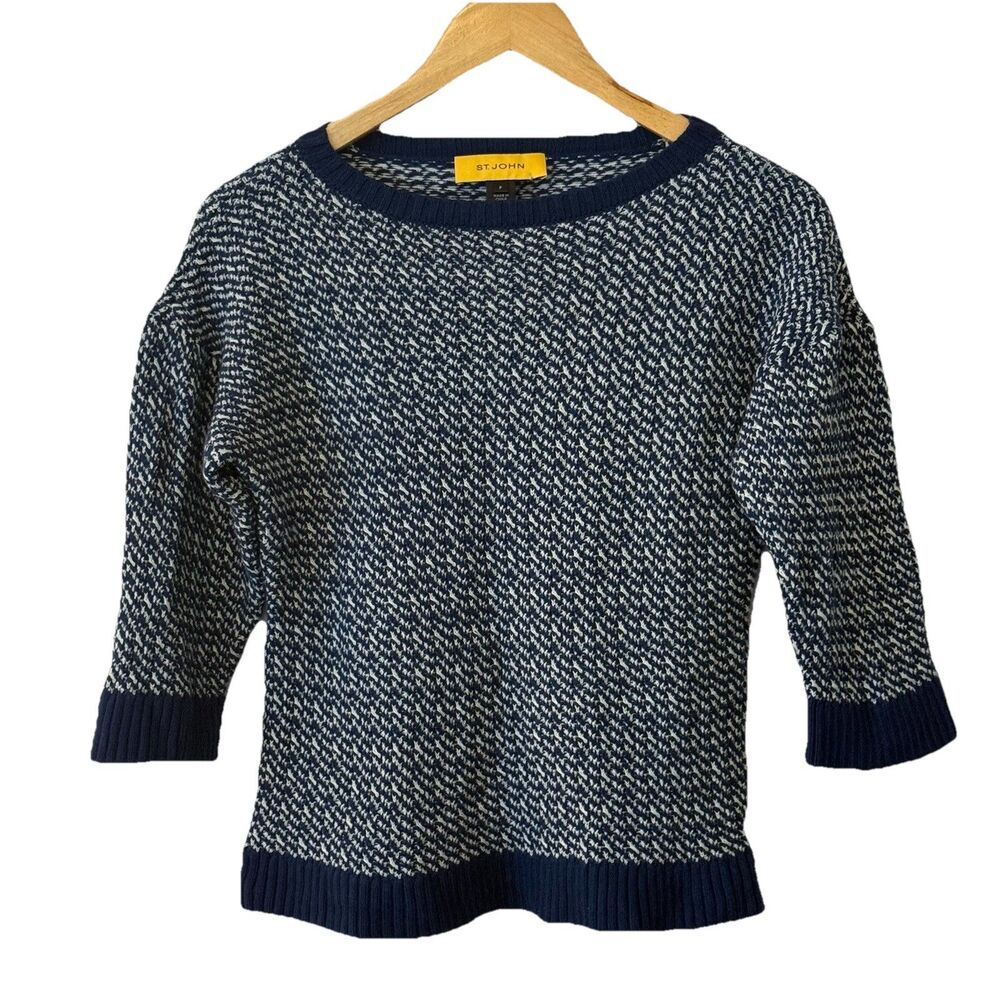 St. John Petite P Small Navy Ivory Wool Blend Knit Sweater 3/4 Sleeve